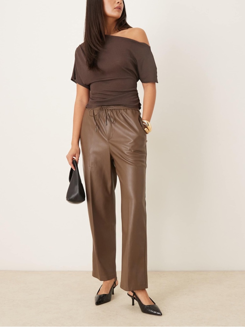 Mango Brown Faux Leather Pants with elastic waist